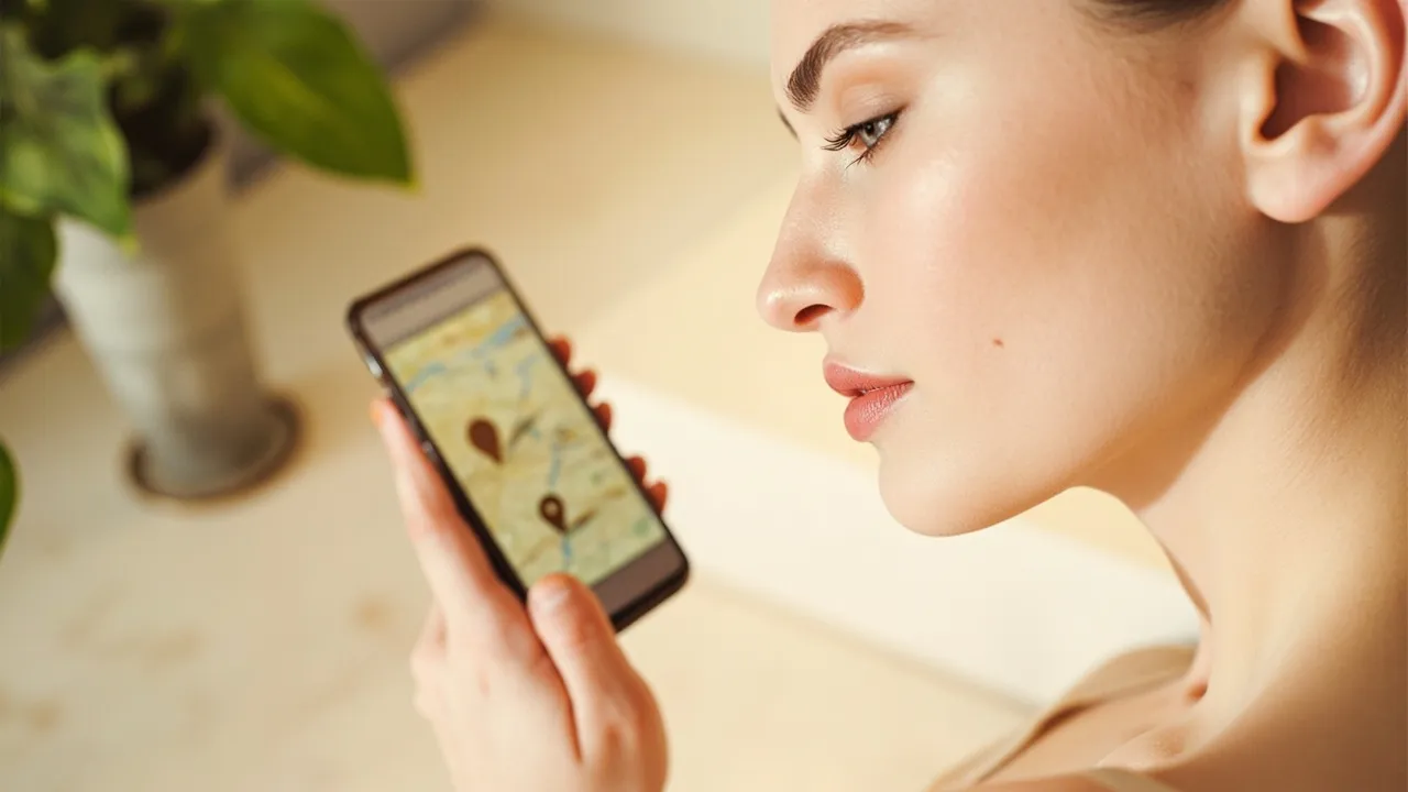 Symbolbild: ein Smartphone zeigt eine Google-Maps-Kartenansicht mit mehreren Kosmetik- und Beautystudio-Markierungen in einer Stadt