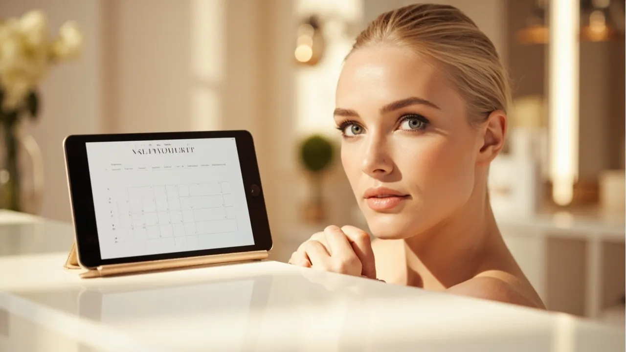 Symbolbild: eine Hand bucht auf einem Smartphone einen Kosmetiktermin in einem Online-Kalender mit auswählbaren Behandlungen und Uhrzeiten